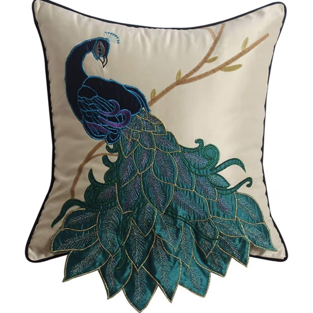 Embroidered Peacock Accent Pillow Covers in Teal & Cream